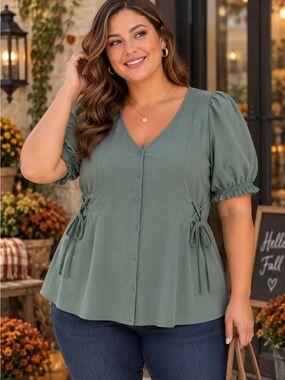 Torrid Sage Green Puff Sleeve Lace Up Peplum Blouse Size 2 2X